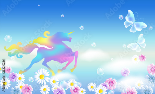 Unicorn in the clouds sky with luxurious winding mane against the background of the iridescent universe with flowers and butterflies