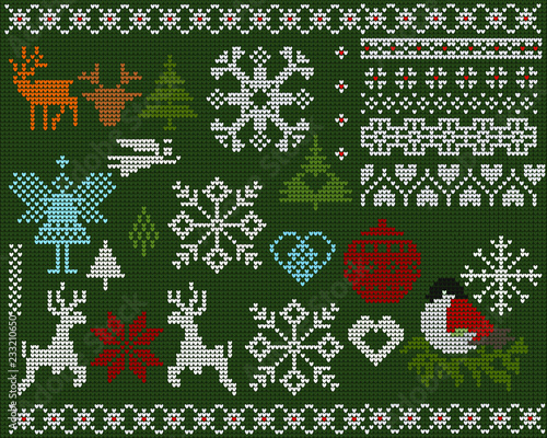 Set of knitted elements, ornaments, snowflakes and other Christmas decoration on a green background