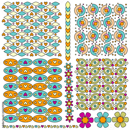Colorful patten and trim collection with flowers and hearts