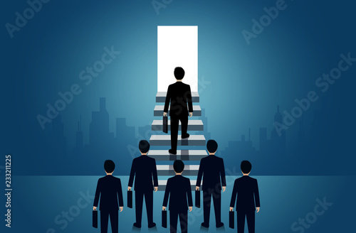 Businessmen walk up the stair to the door. step up the ladder to success goal in life and progress in the job. of the highest organization. business finance concept. icon. cartoon vector illustration