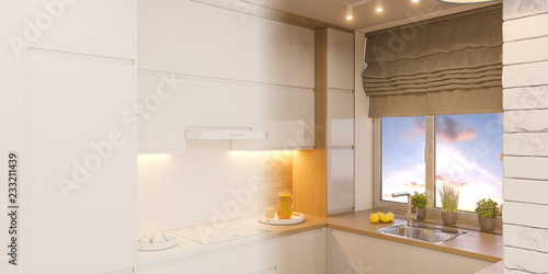 3d illustration kitchen interior design in white color