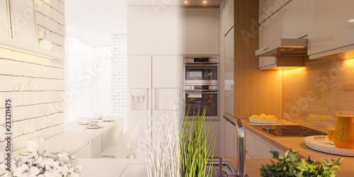 3d illustration kitchen interior design panorama in white color