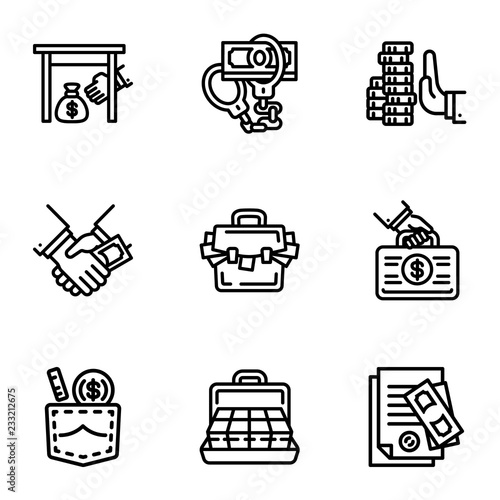 Bribery icon set. Outline set of 9 bribery vector icons for web design isolated on white background