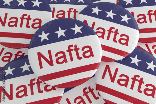 USA Politics News Badges  Pile of Nafta Buttons With US Flag  3d illustration