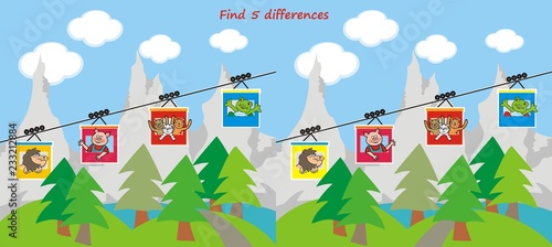 Board game for children, find five differences, animals take a cable car to the mountains, funny vector illustration	