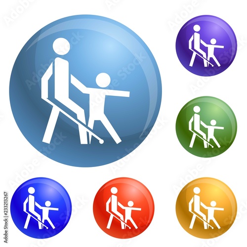 Kid guide blind man icons set vector 6 color isolated on white background