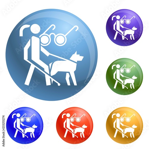 Woman blind dog guide icons set vector 6 color isolated on white background photo