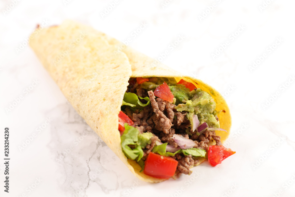 tortilla with minced beef, avocado and tomato tortilla with minced beef, avocado and tomato