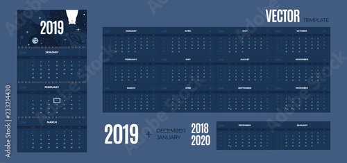 Wall Monthly Calendar 2019 year. Vector colorful template