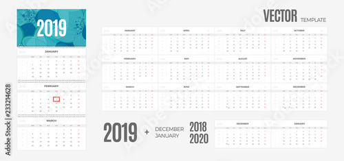 Wall Monthly Calendar 2019 year. Vector colorful template