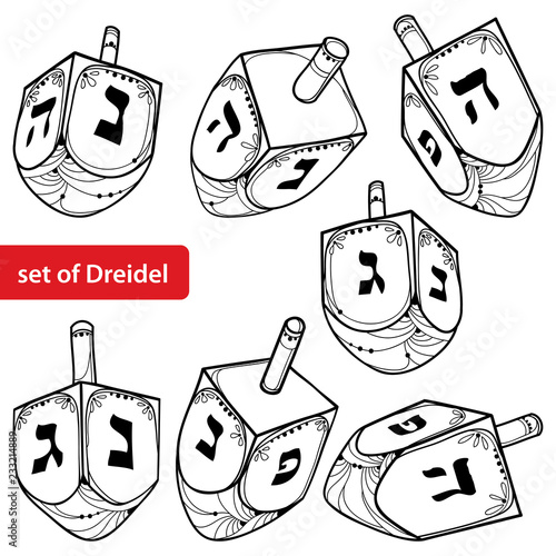 Vector set with outline Hanukkah or Hanuka dreidel or sevivon with Hebrew alphabet in black isolated on white background. Ornate contour Chanukah dreidel for Jewish holiday design or coloring book.