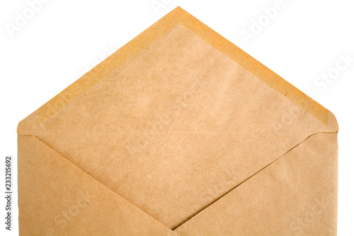 empty open Kraft envelope on white background close up
