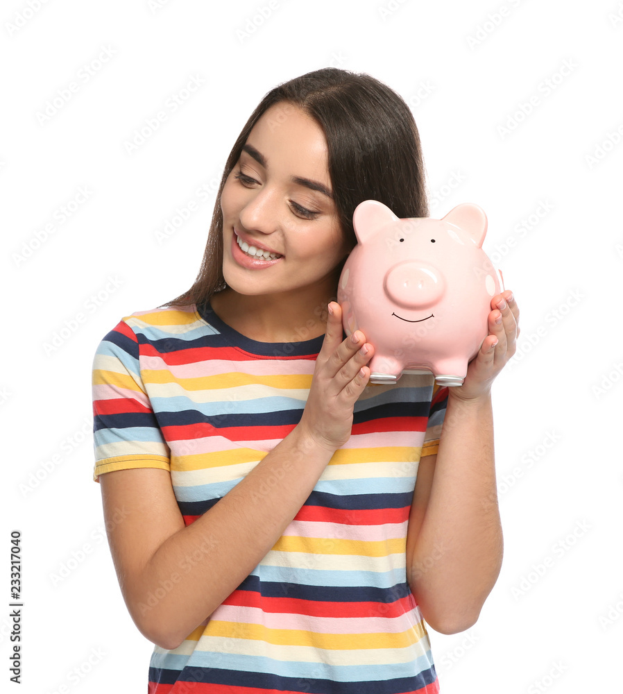Portrait of young woman with piggy bank on white background Portrait of young woman with piggy bank on white background