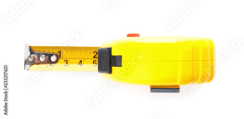 Tape measure on white background, top view. Electrician's tool