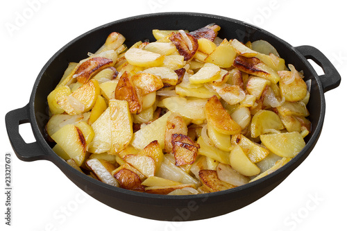 homemade fried potatoes in a pan isolated on white