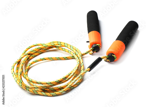 Jump rope on white background. Sports equipment