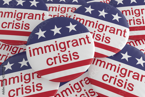 USA Politics News Badges: Pile of Immigrant Crisis Buttons With US Flag, 3d illustration