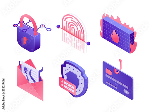 Cyber security isometric icons isolated on white background. Set of illustrations of secure data, email protection, safe mailing, payment, fingerprint scanner, padlock, password phishing, firewall