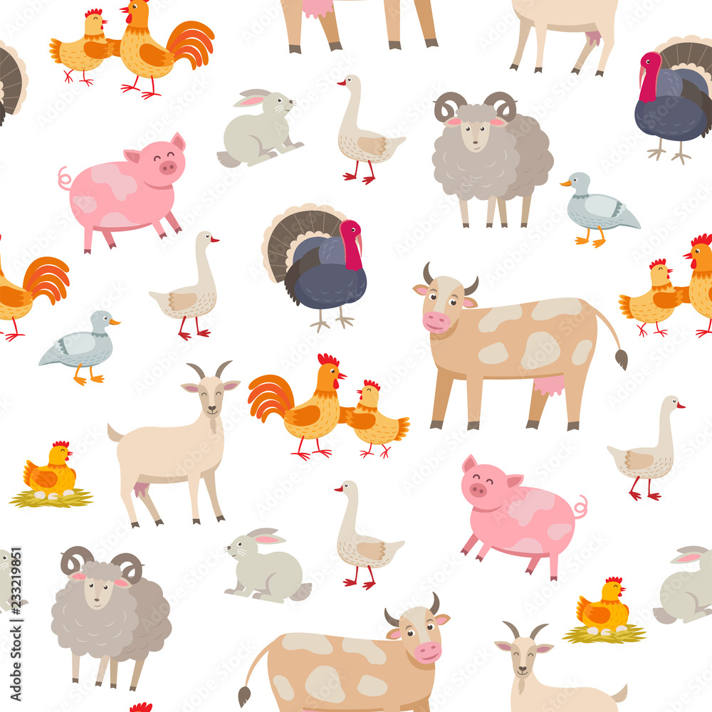 Cheerful cute farm animals seamless pattern. Domestic animals cartoon characters isolated on white background in flat design. Packaging design element, set of vector illustrations.