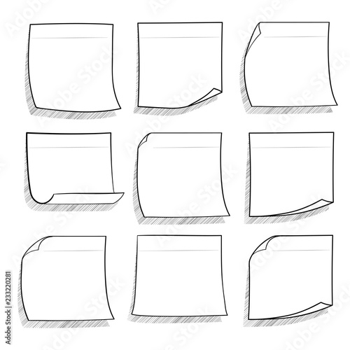 Collection of various note papers. Hand drawn doodle notepaper for messages set. Vector illustration