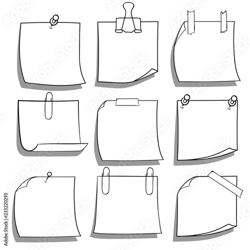 Collection of various note papers. Hand drawn doodle notepaper for messages set. Vector illustration