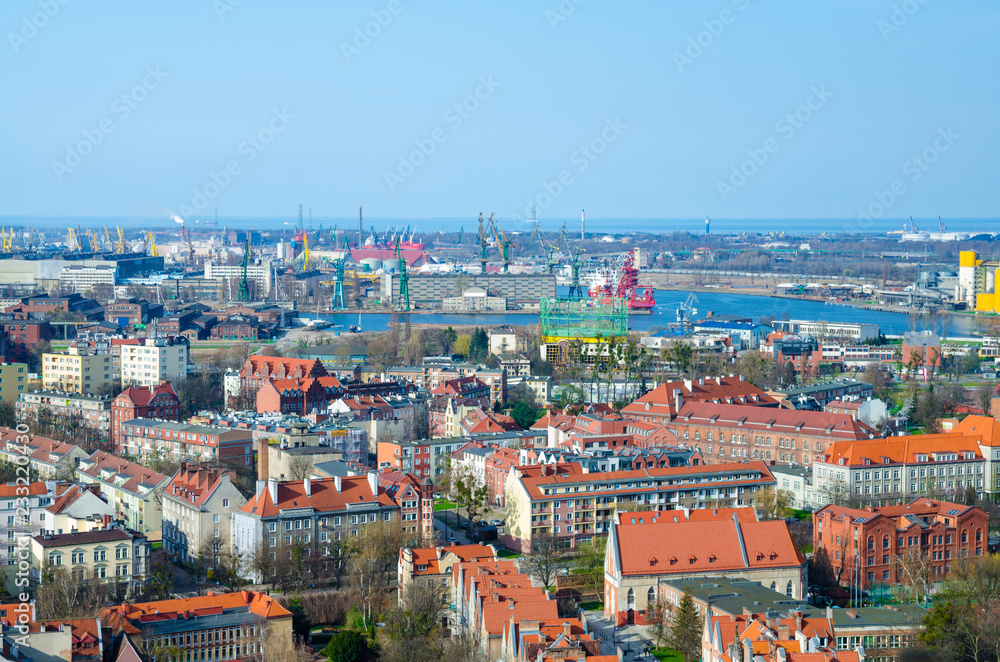 Aerial top view of Gdansk city from Basilica St Marys church, Poland