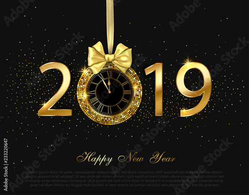 Happy New Year 2019 shiny poster with golden clock and satin bow.