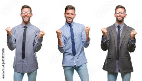Collage of young business hispanic man over isolated background very happy and excited doing winner gesture with arms raised, smiling and screaming for success. Celebration concept.