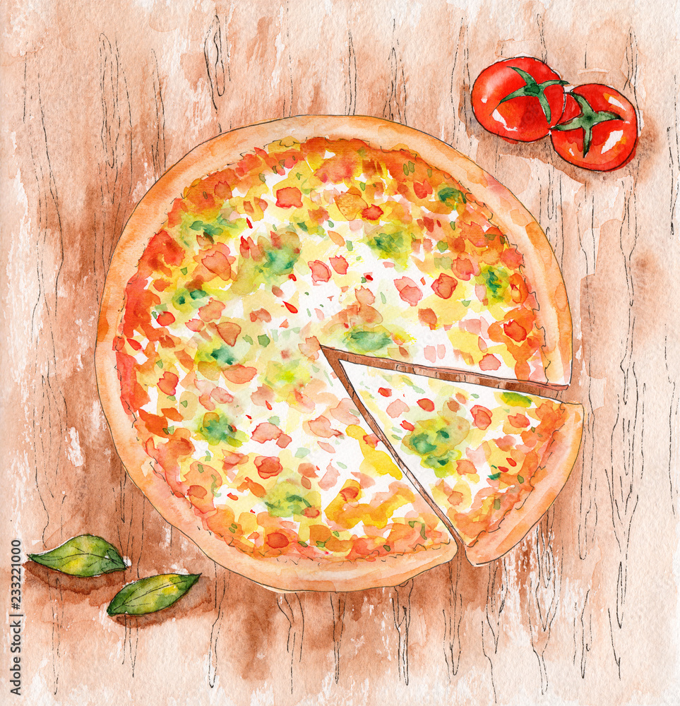 Watercolor pizza four cheese on a wooden table. Illustration isolated on a  white background. Sketch for pizzeria. Stock Illustration | Adobe Stock