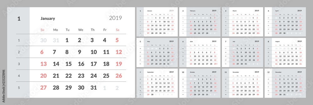 Calendar for 2019 year with numbers of days of weeks. Eps 10 Calendar for 2019 year with numbers of days of weeks. Eps 10