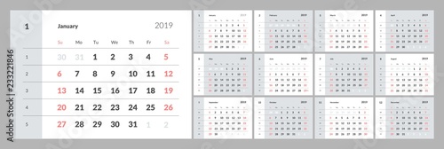 Calendar for 2019 year with numbers of days of weeks. Eps 10