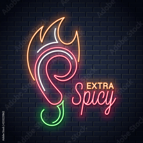 Chili pepper with fire neon sign. Hot spicy food emblem neon background