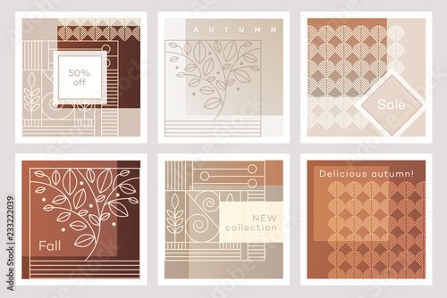 A set of fall inspired card templates in Art Deco style with golden patterns and elegant line illustrations of leaves and plants