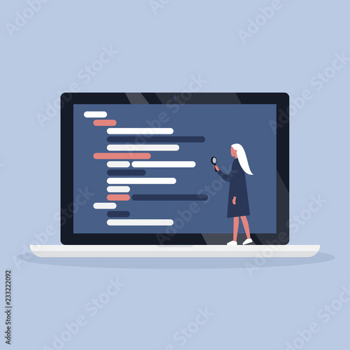 Young female character inspecting the programming code with a magnifying glass. Front end and back end. Web site. Flat editable vector illustration, clip art