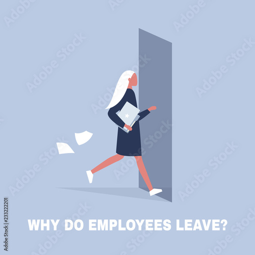 HR. Why do employees leave, brain drain problem. Young character running away from the office. Flat editable vector illustration, clip art