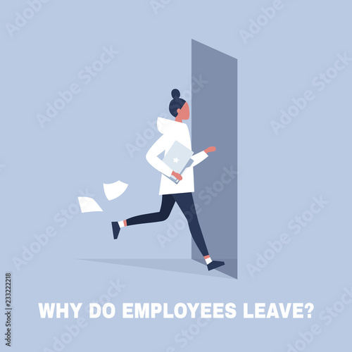 HR. Why do employees leave, brain drain problem. Young character running away from the office. Flat editable vector illustration, clip art
