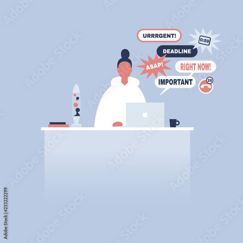 Young female manager receiving a bunch of notifications on the laptop messenger. Troubleshooting. Deadlines and urgent tasks. Business situation. Flat editable vector illustration, clip art