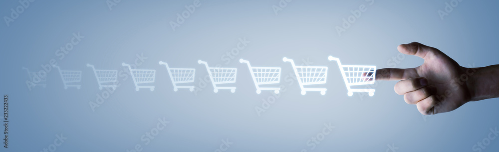 Male hand pressing shopping cart icon. Concept of shopping Male hand pressing shopping cart icon. Concept of shopping