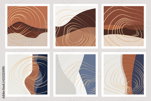 Beautiful fall inspired art nouveau backgrounds in blue, warm brown and white color combinations with golden fluid lines
