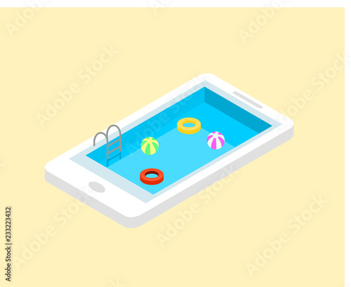 The shape pool is a smartphone on the beach with water play equipment, a concept for technology and leisure travel.