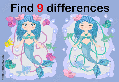 Find the difference the two illustration with sea mermaid. Children funny riddle entertainment.