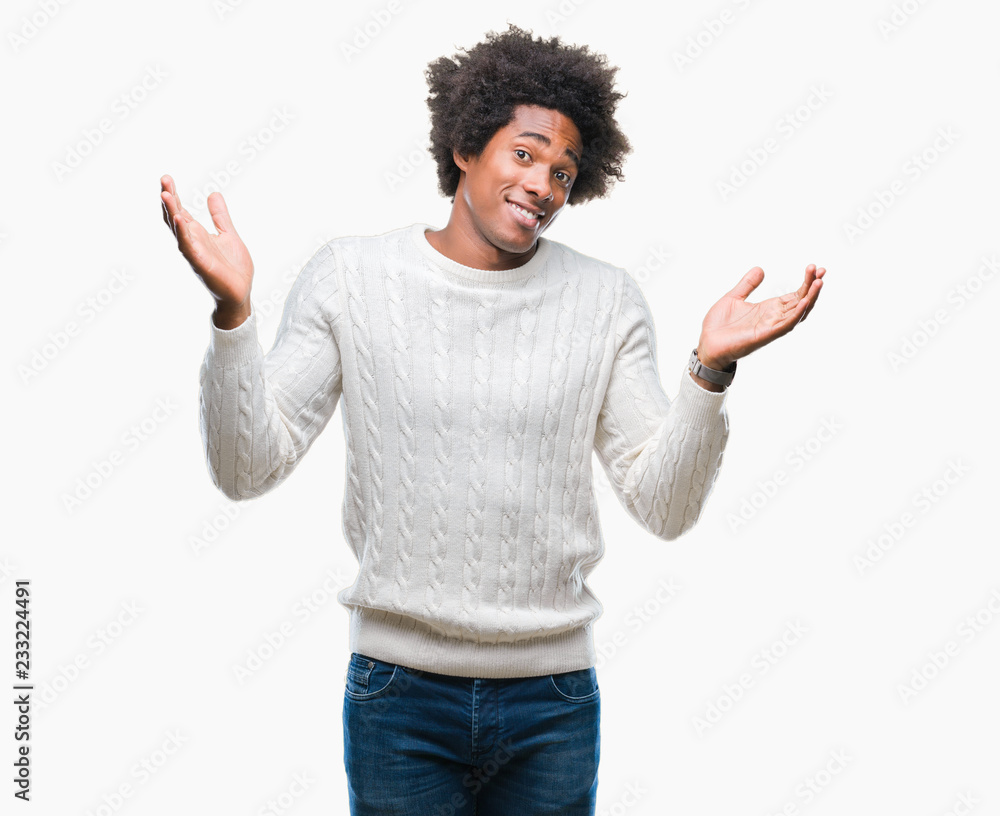 Afro american man over isolated background clueless and confused expression with arms and hands raised. Doubt concept. Afro american man over isolated background clueless and confused expression with arms and hands raised. Doubt concept.