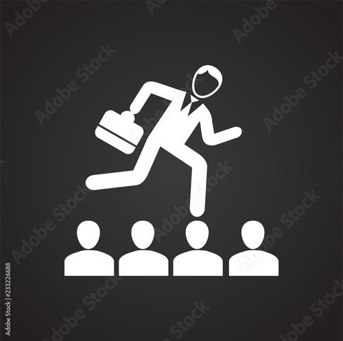 Businessman runs on contestants heads on black background icon