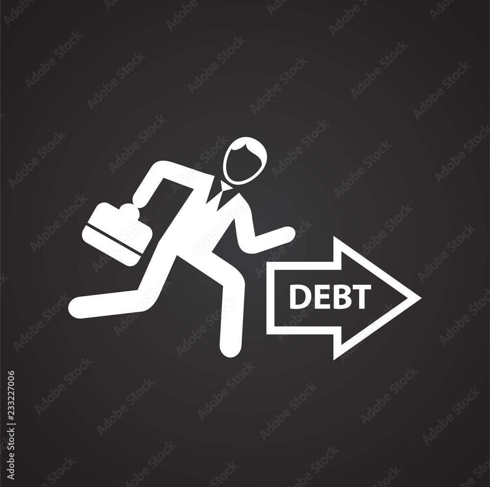 Businessman runs to debts on black background icon