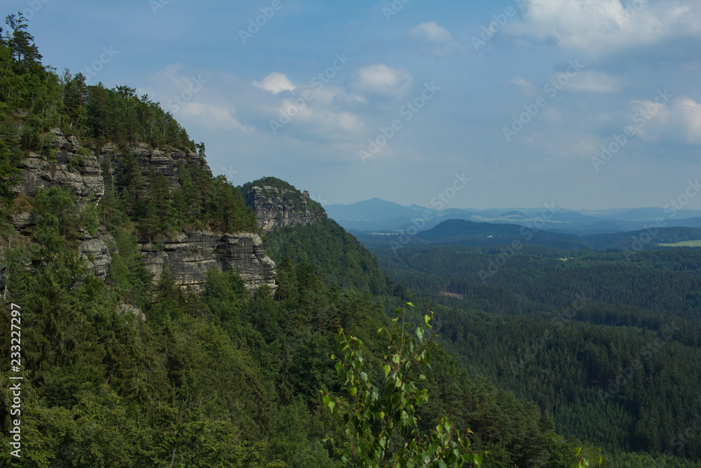 Landscape in mountains in Czech Switzerland national park, pine forest and rocks 
