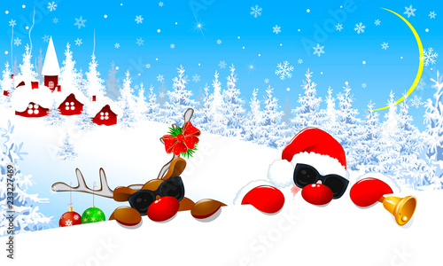 Santa Claus and reindeer in Christmas night