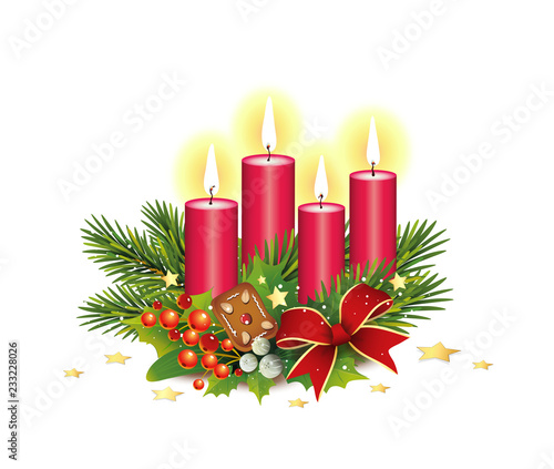 Advent Karte mit Kerzen, Tannenzweige, goldene Sterne und Schleife 4. Advent,  Adventsgesteck, Vektor Illustration isoliert auf weißem Hintergrund