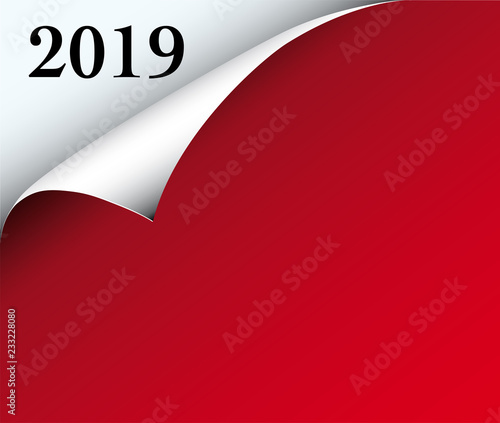 Rotes Papierblat mit Eselsohr und das Jahr 2019, Vektor Illustration