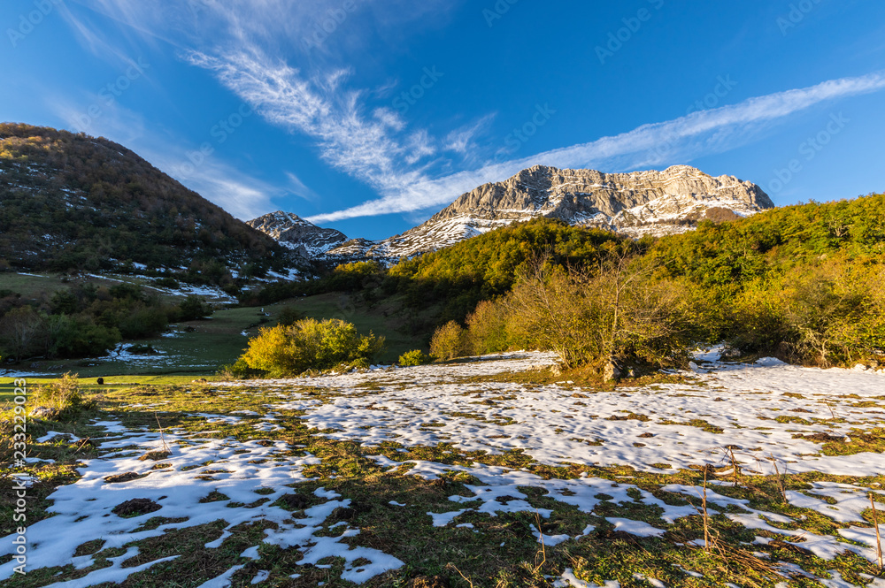 View of the mountain of Sajambre in Picos de Europa in Leon Spain during a sunset in autumn