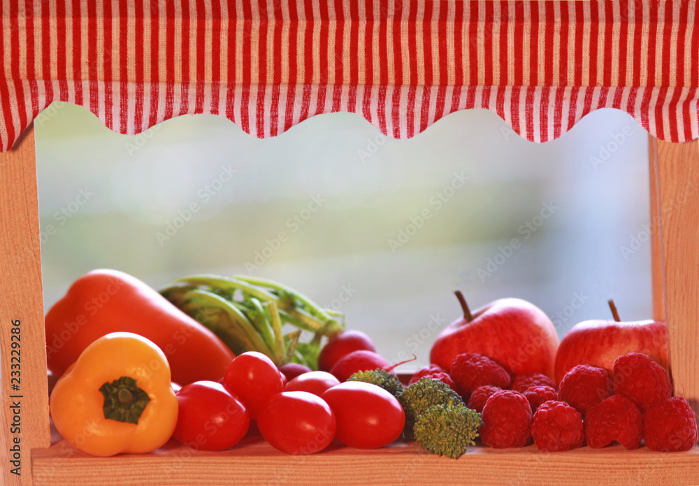 miniature market stall with fruits and vegetables, closeup Stock Photo Adobe Stock